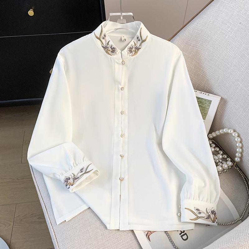 

Elegant Retro Spring Embroidered Women s Stand-Up Collar Long-Sleeve Shirt X-Large білий