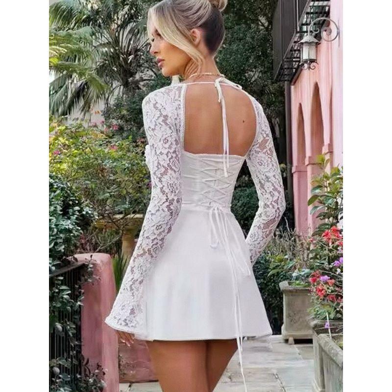 Sexy Spitzenärmel Schlankmachendes Kleid Rückenfrei zum Schnüren