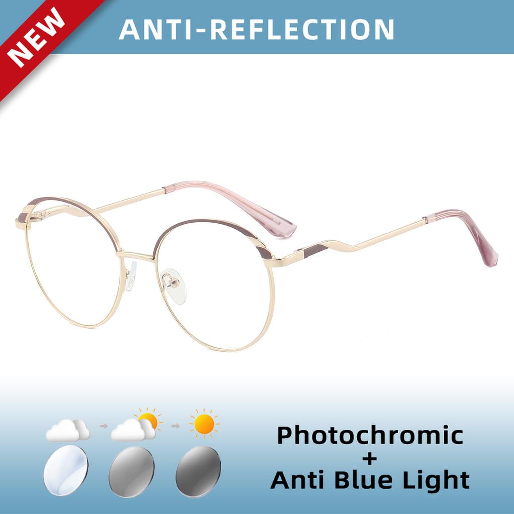 EYORA Fashion Metal Round Full Rim Reading Glasses Anti Blue Ray Myopia and Hyperopia Photochromic Prescription Eyewear Lens