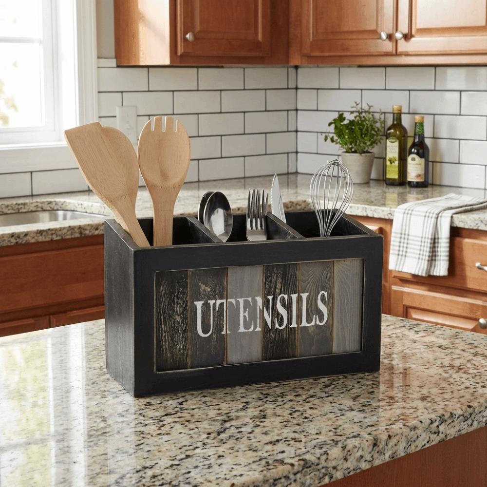3 Grids Tableware Storage Box Large Capacity with Divider Solid Wood Storage Box Vintage Chopstick Fork Spoon Organizer