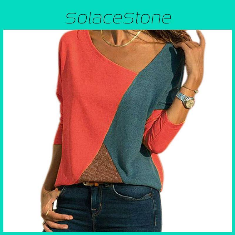 Premium Women T-shirts Long Sleeve Round Neck Patchwork Pullover Slim Fit Female Tops