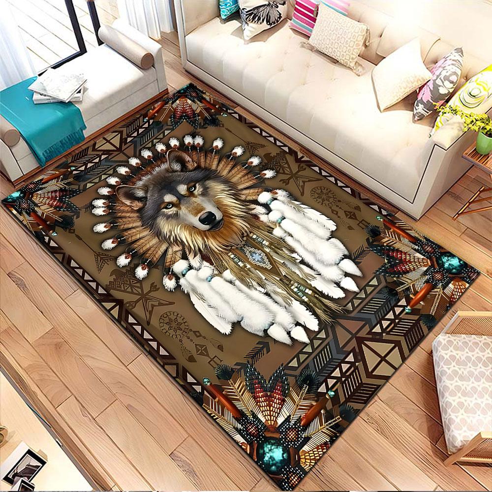 Wolf and Tribal Feather Design Carpet Patterned Carpet, Non Slip Mat Suitable for Living Room and Bedroom Sofas