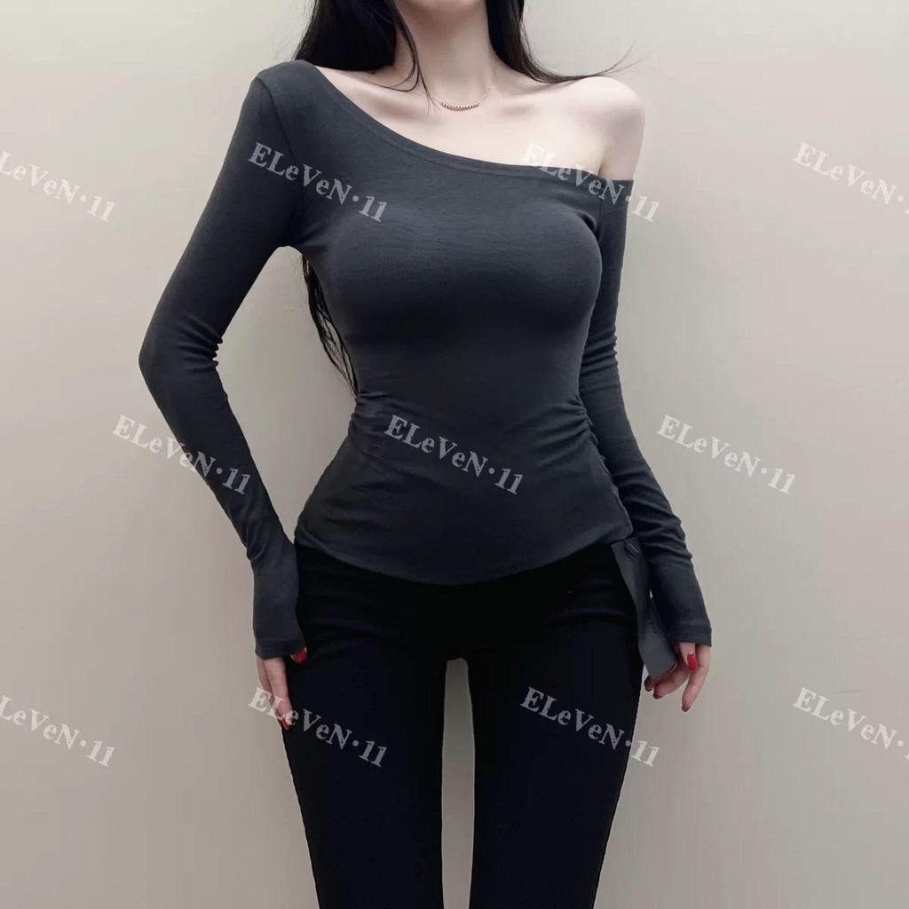 Korean Style Sexy Off-Shoulder Slim Fit Long-Sleeve T-Shirt for Autumn/Winter