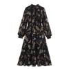 Women's European & American Style French Chiffon Floral Print High Neck Waist-Cinched Dress