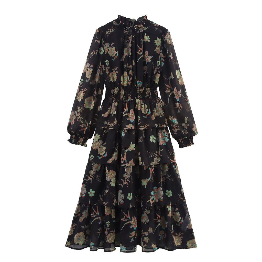 Women's European & American Style French Chiffon Floral Print High Neck Waist-Cinched Dress