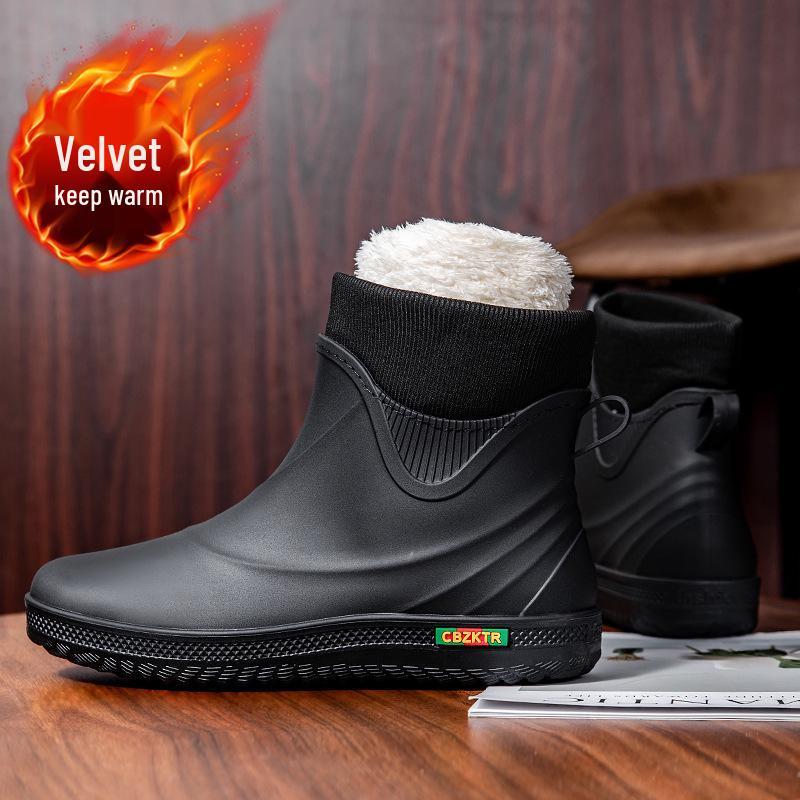 Men's Fashionable Low-Top Waterproof Rain Boots with Fleece Lining, Washable Flat Bottom, Mid-Calf, Ideal for Kitchen, Food Delivery, and Riding.