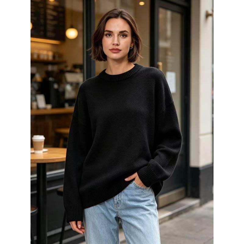 European and American Knitted Sweater Women's Loose Round Neck Solid Color Long Sleeve Thickened Large Size Autumn and Winter Casual Pullover