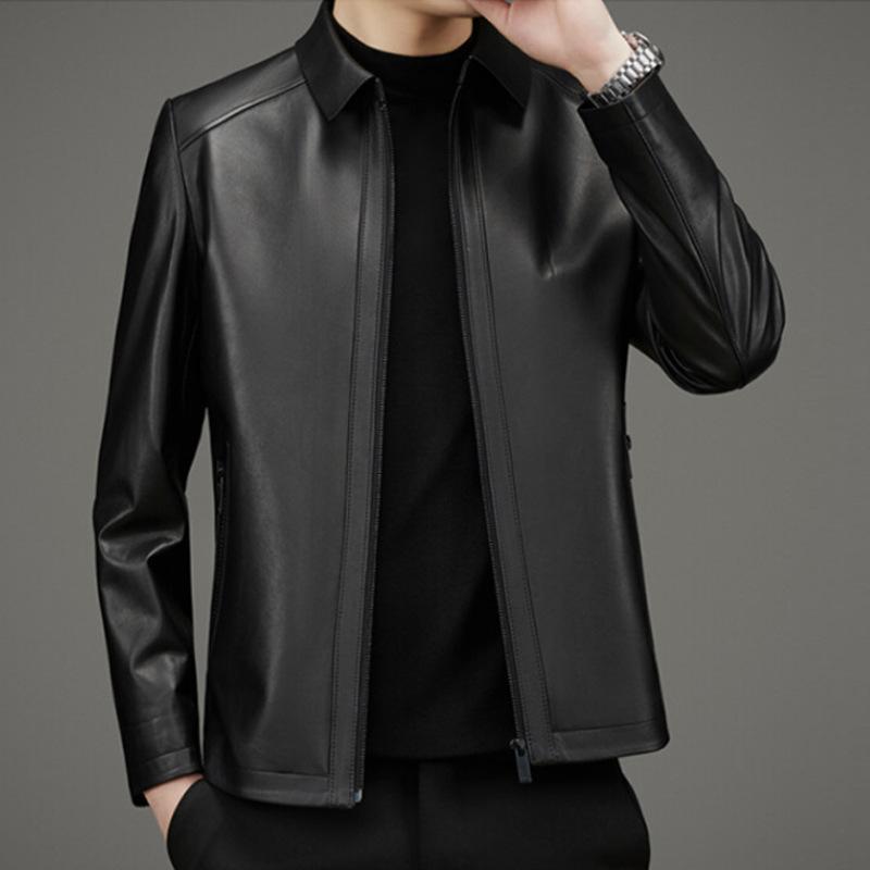 Men's Calfskin Leather Leather Jacket Spring and Autumn Middle-aged Business Casual Lapel Leather Jacket Jacket