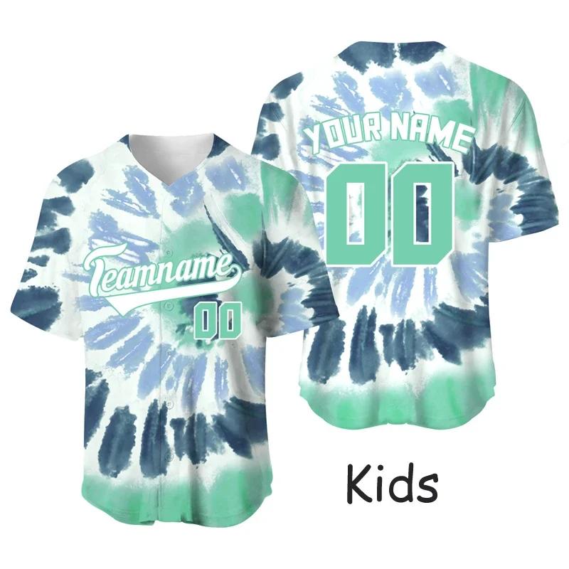 Camisa de beisebol personalizada tie-dye para crianças, camisa de jogo de equipe, camisetas esportivas de sublimação, secagem rápida, uniforme de beisebol esportivo