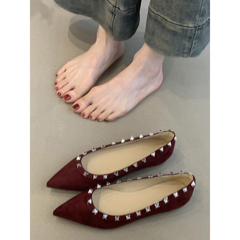 Design Sense, Niche Temperament, Rivets, Doudou Ladyshoes, Pointed Single Shoes, Spring and Summer Soft Flat Bottom Inner Height Increase
