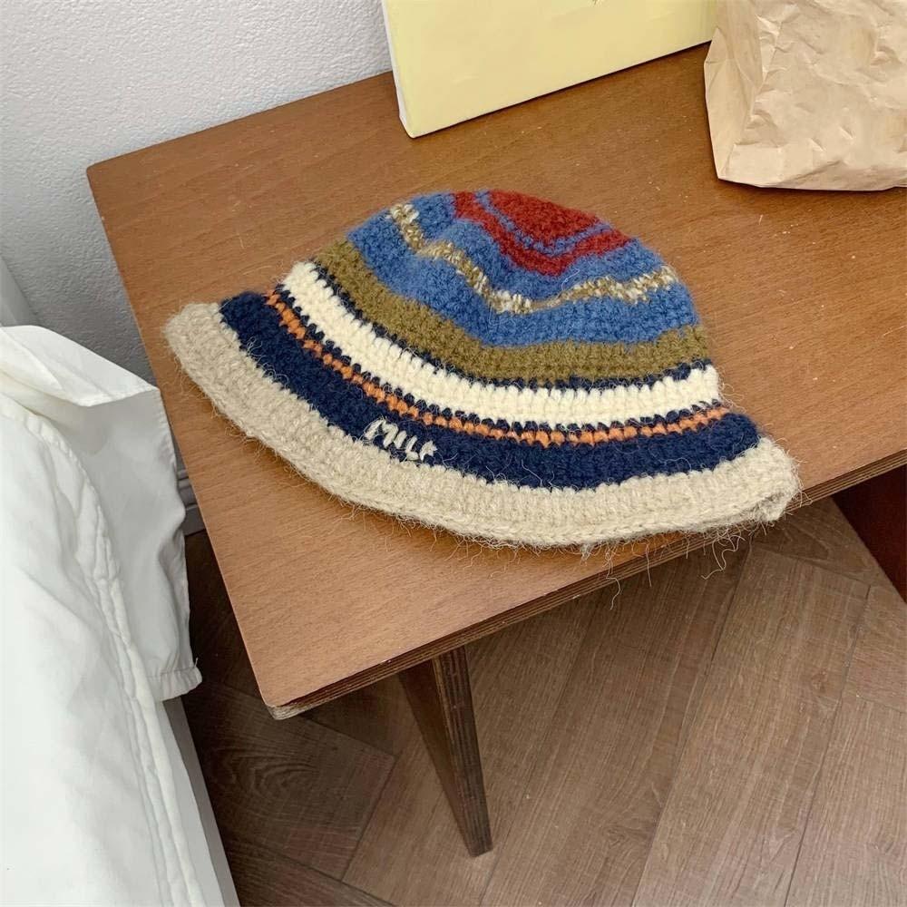 Anti-cold Knitted Bucket Hat Warm Woven Basin Cap Seaside Beach Cap Striped Fisherman Hat  Vacation