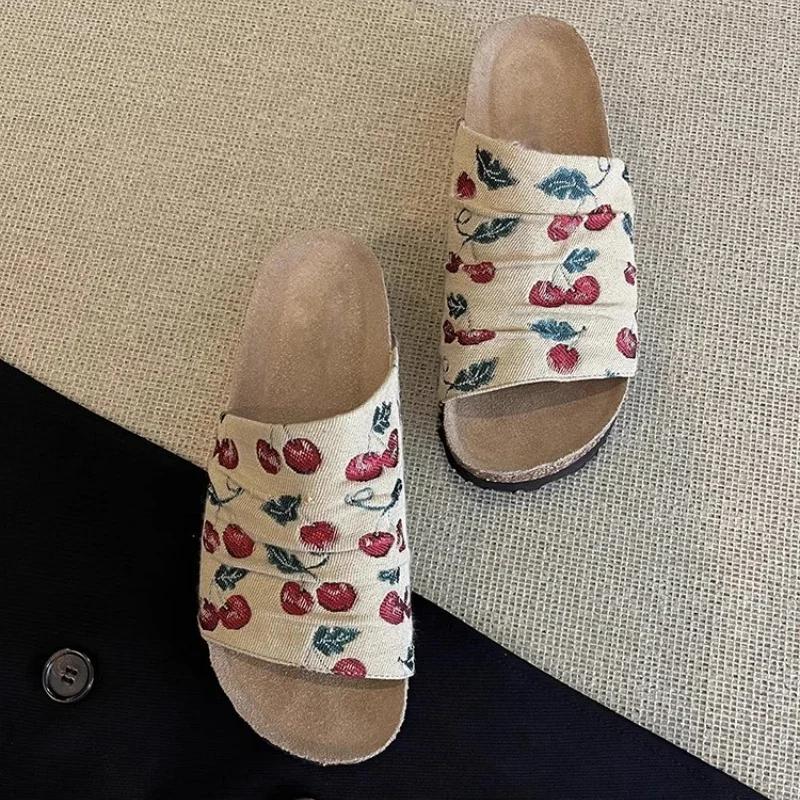 Summer Sweet Women's Embroidered Slippers New Mules Women Causal Open-toe Slip-on Shoes Versatile Ladies Flat Slippers Fashion