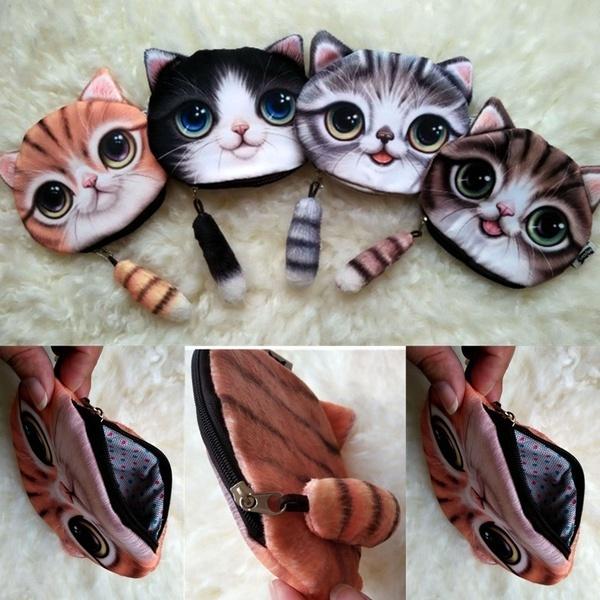 3D Print Tail Coin Bag Compact Handbag Women Girls Cute Cat Wallet Purse
