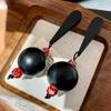French Retro Black Teardrop Wooden Earrings - Geometric Design with Autumn/Winter Wood Bead Accents