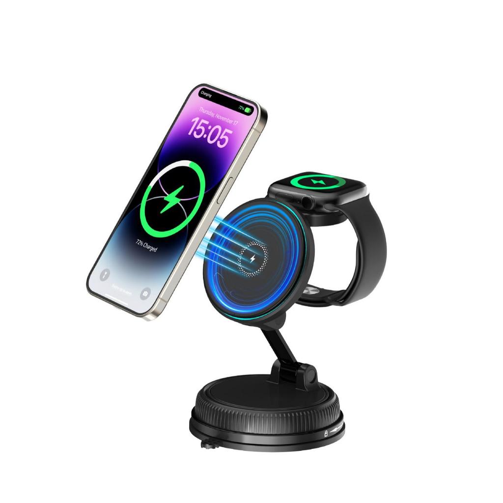 15W Magnetic Wireless Car Charger & Foldable Phone Holder with Suction Cup for Apple Devices
