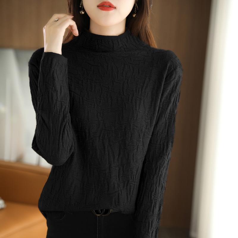 

Женский трикотажный свитер с полувысоким воротником в рубчик, новый модный облегающий топ с внутренним узором для осени и зимы XXL чёрный