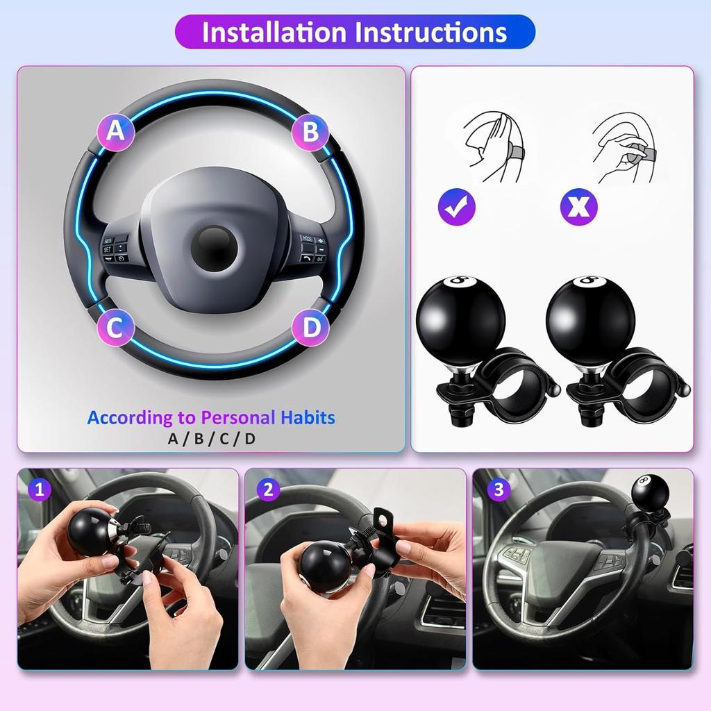 Tallew 2 Pcs Black 8 Ball Steering Wheel Knob Spinner Suicides Knob For 360 Degrees Rotation Steering Wheel Accessories For Cars Trucks Semis