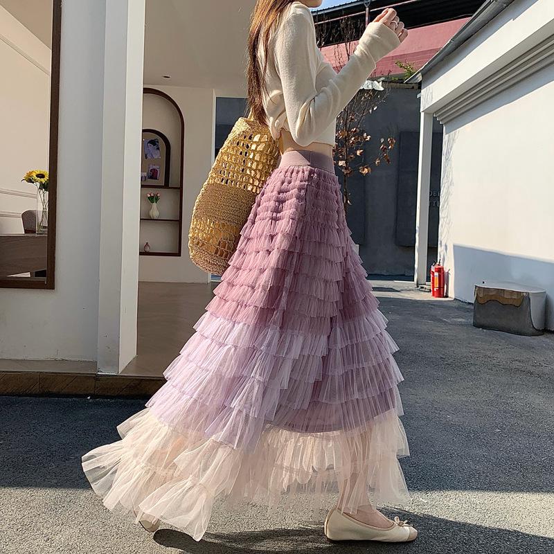 

Spring 2026 Women s High-Waisted A-Line Layered Midi Skirt - French Fairy Style with Color-Blocked Mesh. One Size (for 40-70kg)