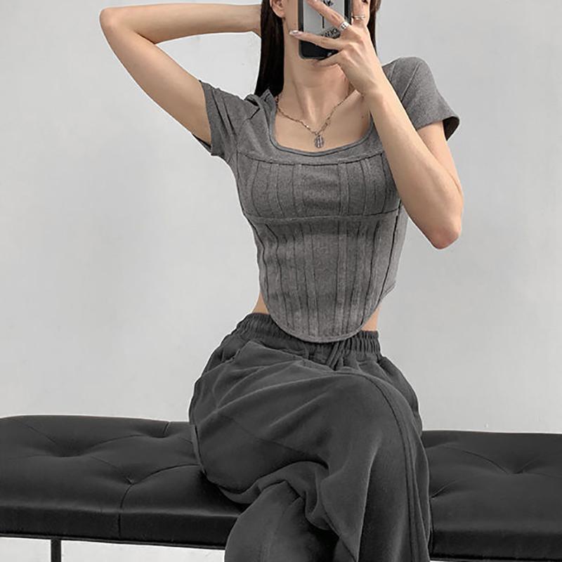 Léto Bright Line Černá Bílá Šedá Tričko Ženy Tenký čtvercový výstřih Krátký rukáv Oříznuté topy Dámské Trička pro volný čas