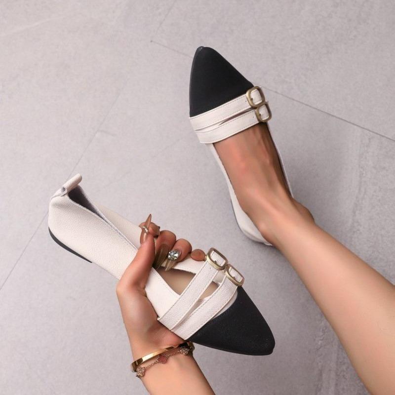 Fashion Color Matching Large Size Single Shoes Summer New Pointed Head Cloth Shallow Mouth Metal Buckle Soft Sole Non-slip Flat Shoes