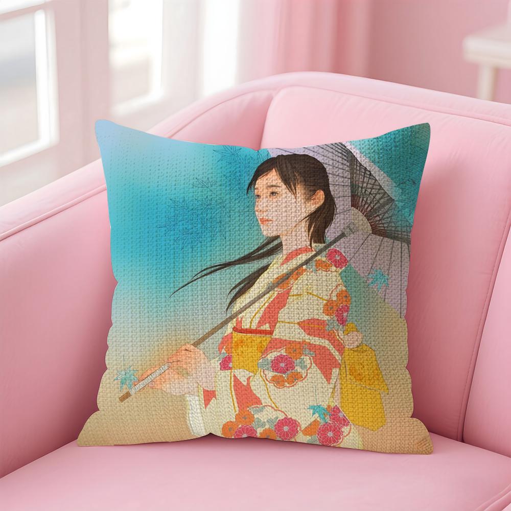 Kimono Girl Japanese Style Cushion Cover Natural Linen Pillow Case DoubleSided Print Decorative Sofa Pillowcase Home Decor Gift