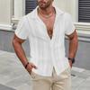 Camisa de Hombre Beige Rayada Texturizada de Botones Casual Cuello Cubano Manga Corta