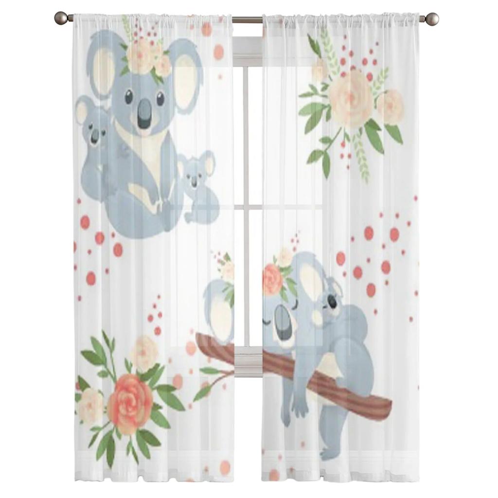 Śliczne szare Koala z kwiatami przezroczyste zasłony do sypialni tiulowe zasłony do salonu do zasłon woalowych okien kuchennych