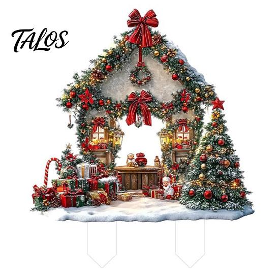 Decorative Garden Stakes for Christmas Cottage Stake, Acrylic Snowy House Yard 2D European Style Inserts Flat Winter Holiday Ornament Lawn Pathway