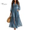 Versatile Women Dress Faux Denim Maxi Dress, Mesh Patchwork Long Sleeve Button Party Casual Down Shirt Loose Vintage Summer Simple Style