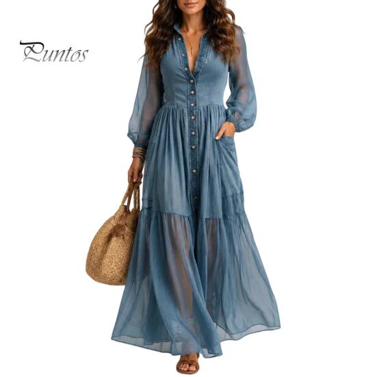 Versatile Women Dress Faux Denim Maxi Dress, Mesh Patchwork Long Sleeve Button Party Casual Down Shirt Loose Vintage Summer Simple Style S