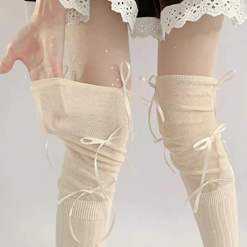 Einfarbig Spitzen Schleife Oberschenkelhohe Strümpfe Damen Trendy Lässig Über dem Knie Lange Socke Thermisch Warm Baumwolle Hoher Schlauch Leggings