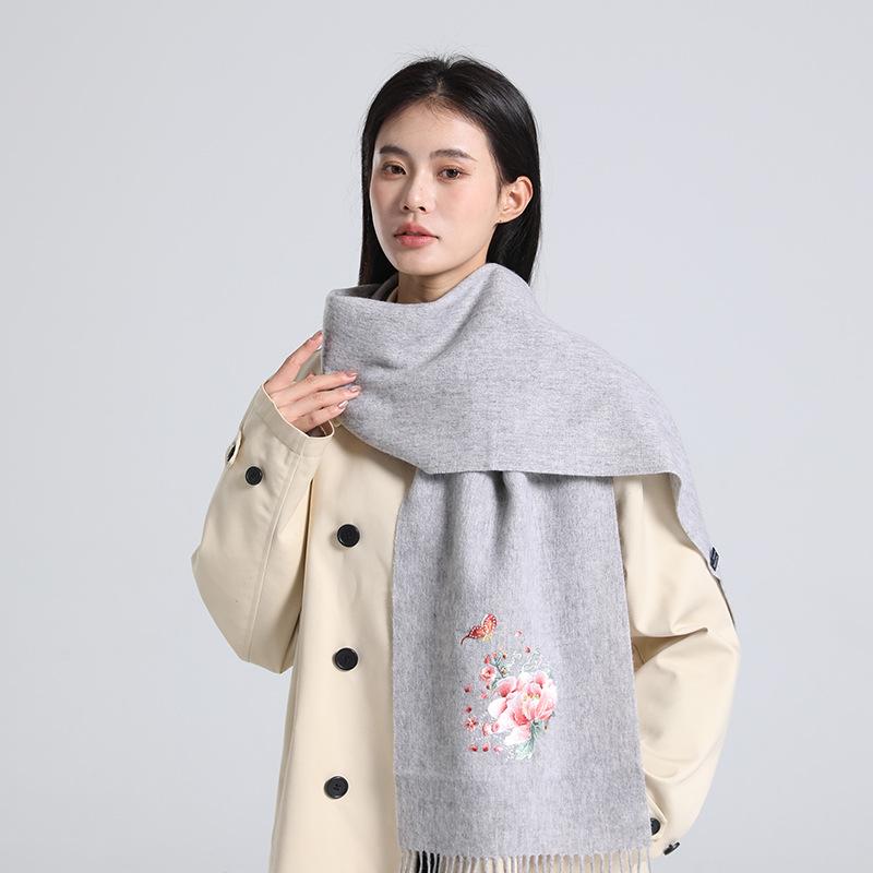 Embroidered 100 wool scarf, solid color shawl, versatile autumn and winter scarf, simple tassel red scarf