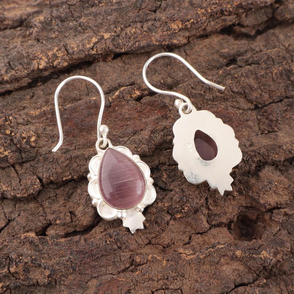 Violette Katzenaugen 925 Sterlingsilber Ohrringe, Handgefertigter Silberschmuck, Wunderschöne Katzenaugen Edelstein Ohrringe Zierlicher Schmuck Zum Verschenken