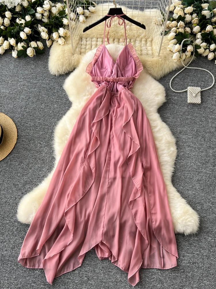 Summer Solid Sweet Vacation Long Dress Women Halter Lace Up Zipper Design Dress Female Sexy Backless Ruffles Beach Ball Gown New