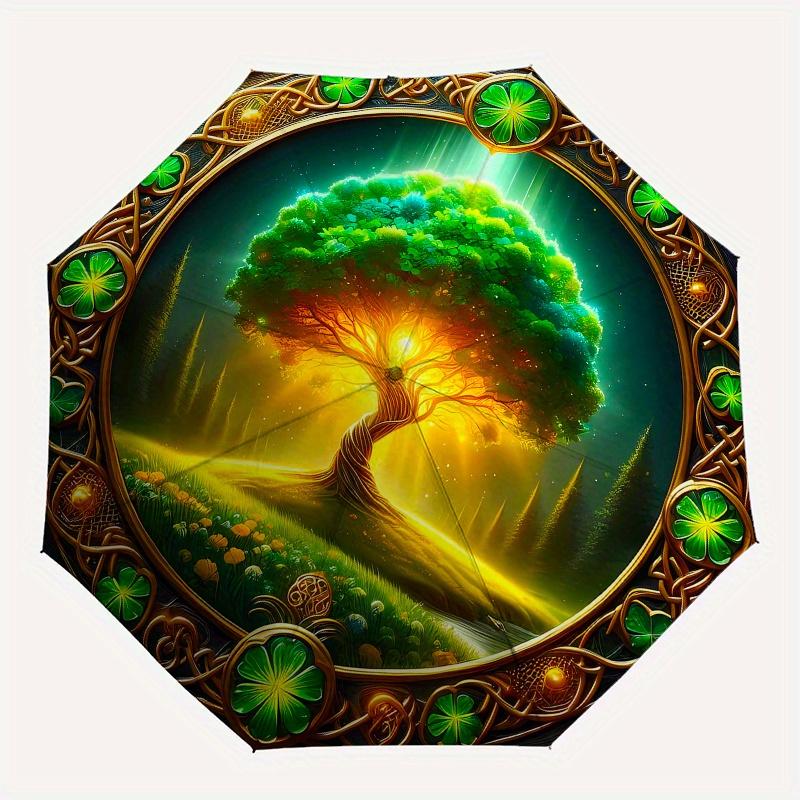 Four-Leaf Clover Framed Art Print: Nature's Luck Symbol Umbrella, Cute Umbrella with Cute Design, Portable 3-Fold Compact Umbrella for Men & Women, Va