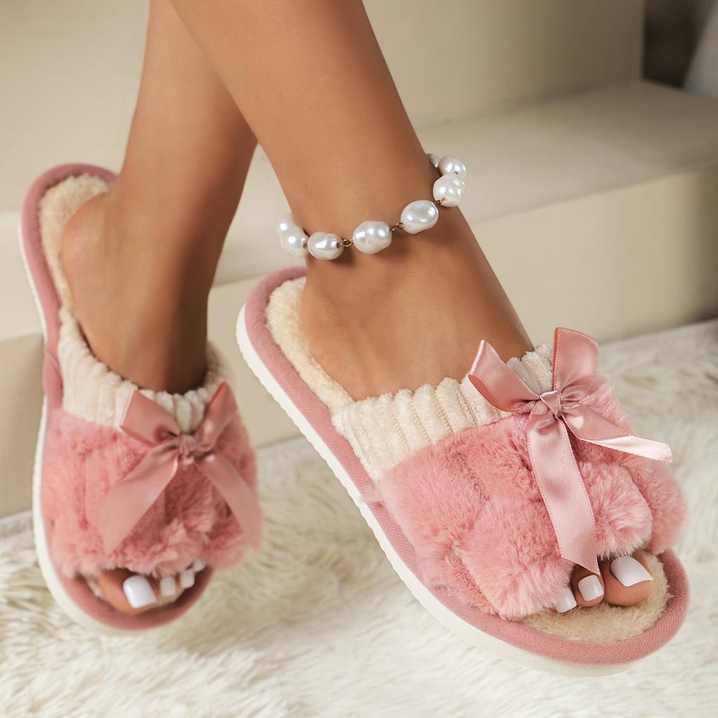 Pantofole da casa eleganti e soffici con fiocco, scarpe da camera da letto con suola morbida e foderate in peluche, pantofole mute antiscivolo