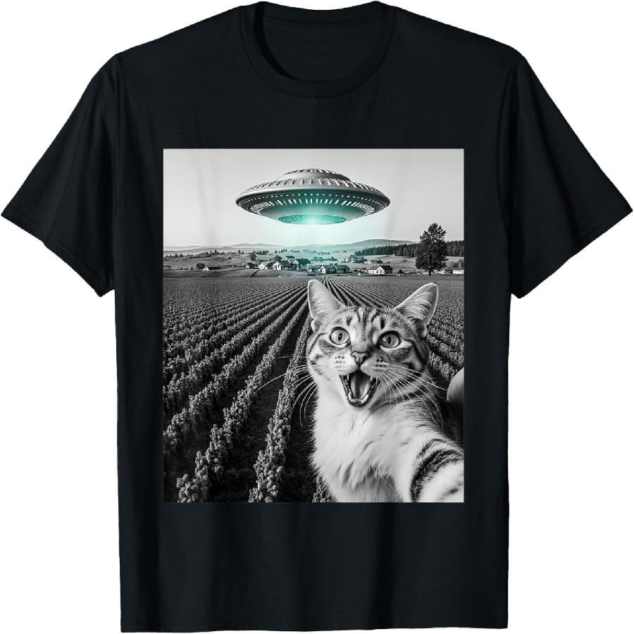 

Funny Cat Selfie With Alien UFO Cat Gifts For Men Women Kid T-Shirt XXXXXL чорний