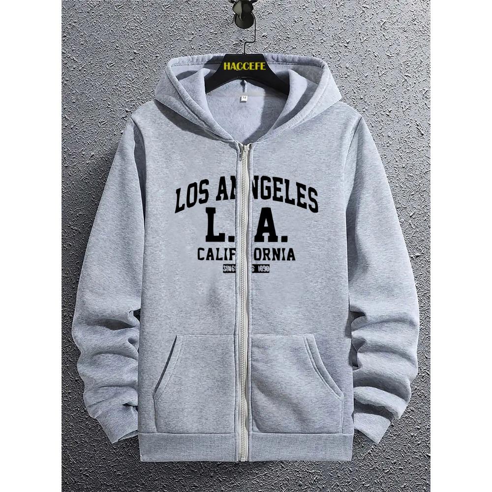 Letter Printed Zipper Hooded Sweatshirt, Kangaroo Pocket, Fashionable Long Sleeved Hooded Sweatshirt, Autumn and Winter Loose Casual Top