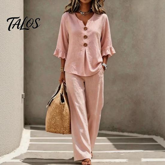 Breathable Summer Pants 2 Piece Sets for Women, Casual Ruffle 3/4 Sleeve Buttons V Stretchy Waist Neck Top And Wide Leg Matching Set, Loose
