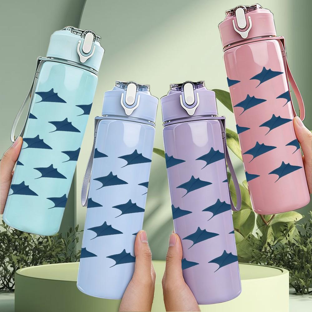 1PC Dark Blue Small School Of Fish Pattern Print 750ml Color Plastic Sports Water Bottle Leakproof Flip Straw Lid Suitable for Sports Office Home Use