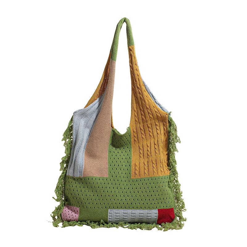 Torebka damska z frędzlami, łączona, dziergana, na ramię, modna, na ramię, przenośna, o dużej pojemności, typu tote