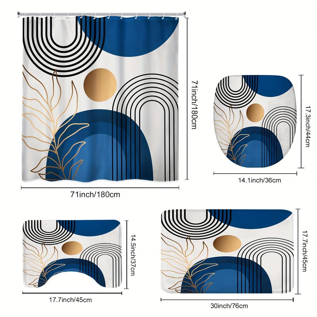 4Pcs Bathroom Shower Curtain Set Blue Mid-CenturyBathroom Curtain With 12 Hooks Non Slip Rugs Toilet Cover Mat Bathroom Partition