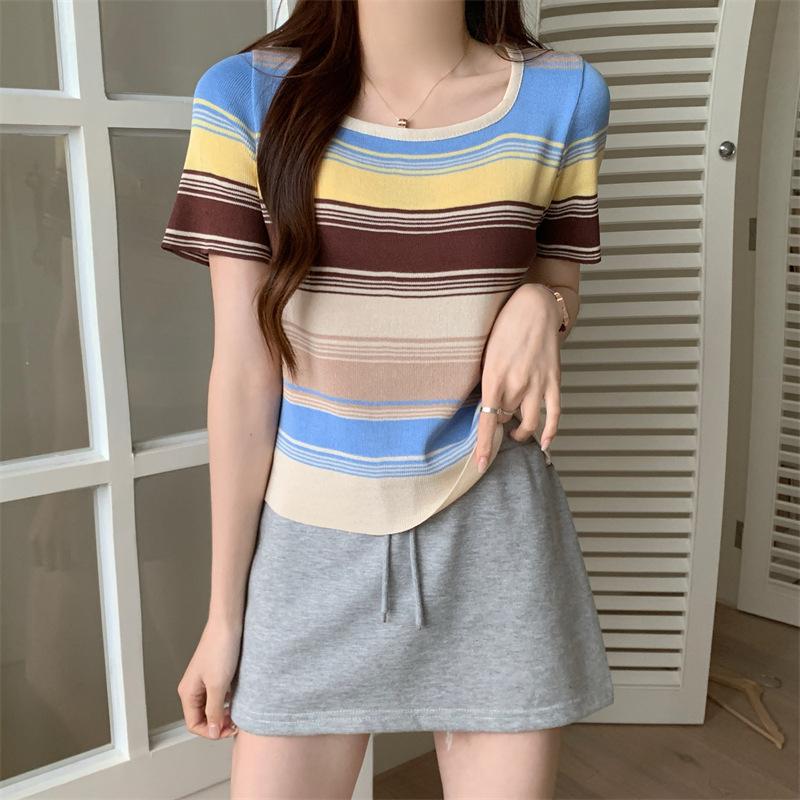 Retro Striped Square Neck Short Sleeve Knit Sweater Women Summer Slim Slim Short Chic Tops Casual Essential Comfort and Style Slim Fit Pullovers Tees