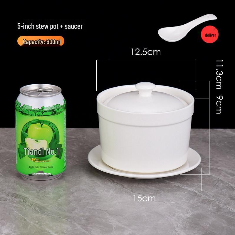 Pure White Ceramic Water-Bath Stew Pot with Gold Rim - Hotel & Commercial Grade, Ideal for Chinese Shaxian, Bird's Nest, and Steam Egg Dishes.