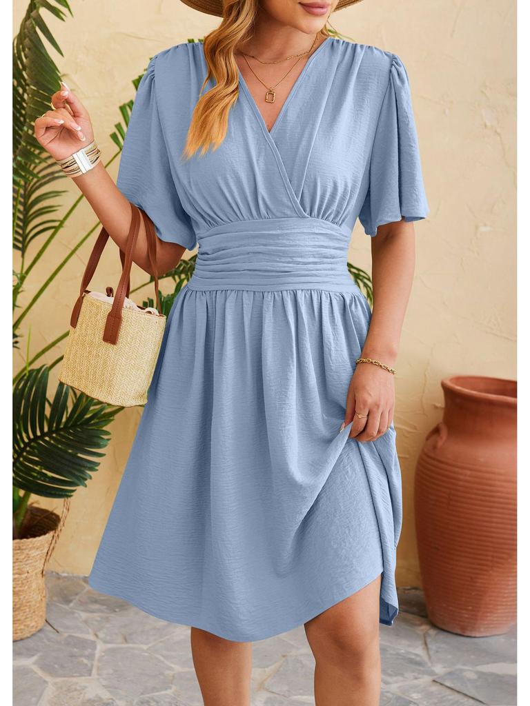 2024 Spring/Summer Women's V-Neck Waist-Cinching Flared Sleeve Dress