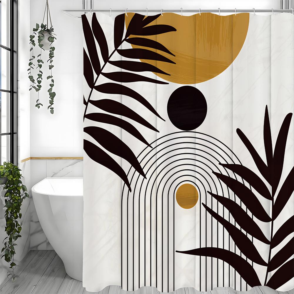 Modern Leaf Arch Sun Shower Curtain, Bathroom Decorative Shower Curtain, Waterproof Shower Curtain with Hooks