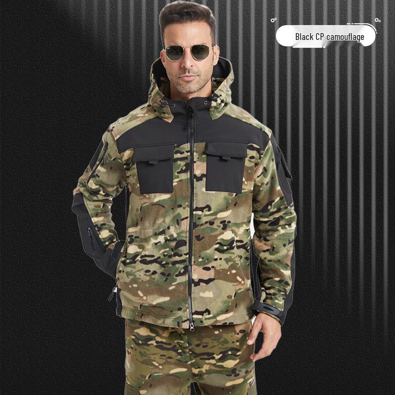 Men s Hooded Color Block Multi-Pocket Tactical Camouflage Fleece Jacket XXL