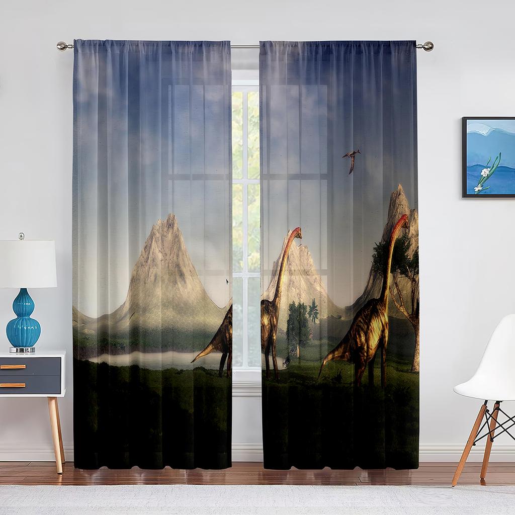 Jurassic Animals Jungle Dinosaur Trees Pattern Sheer Curtain For Living Room Window Children Bedroom Decor Tulle Voile Curtain