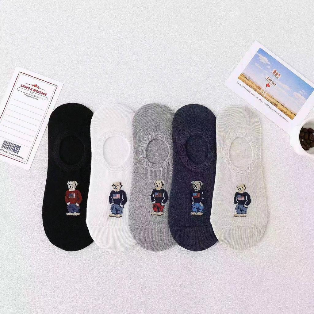 5 Pairs Unisex Men Socks Summer Designer socks Cartoon Bear Cotton Boat Socks Light Comfortable Sweat-absorbent Invisible Socks