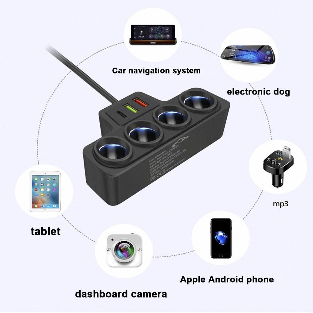 120W Car Phone Charger Cigarette Lighter Adapter PD 4 In 1 3.1A QC3.0 Multi Ports Quick Charge USB Charging Socket Splitter Plug